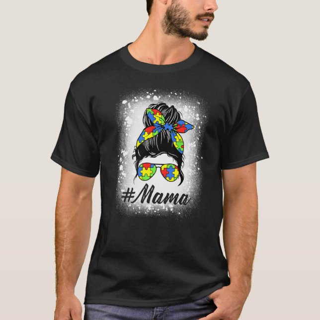 Camiseta Messy Bun Mama Quebra-Cabeça Autismo Conscientizaç (Frente)