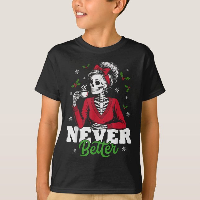 Camiseta Messy Bun Skeleton Santa Coffee Xmas Funny Women S (Frente)