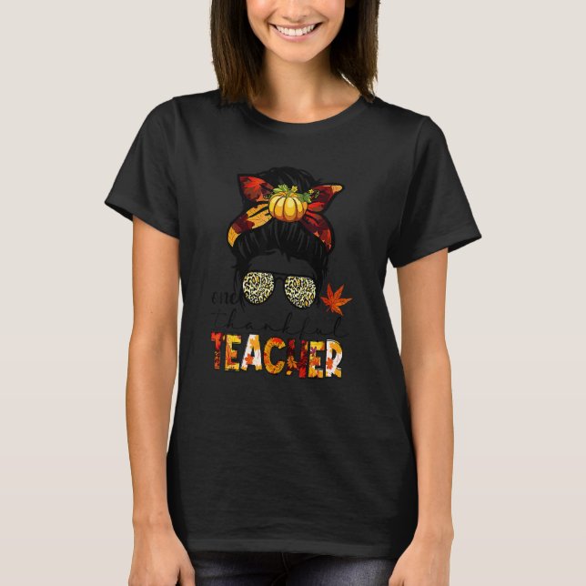 Camiseta Messy Bun Women Leopard One Thankful Teacher Thank (Frente)