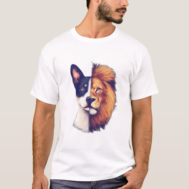 Camiseta metade de cão Arte animal de leão (Frente)