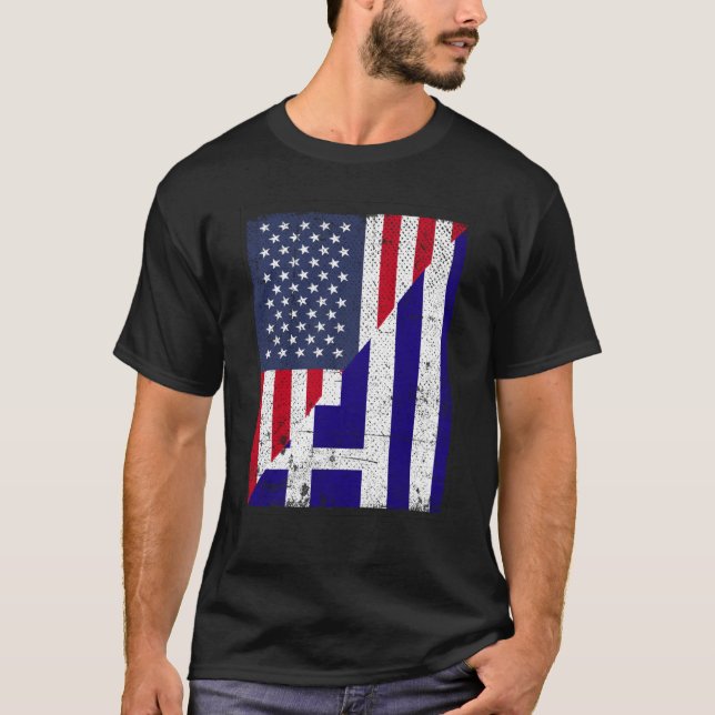 Camiseta Metade dos EUA Bandeira Meia Grécia Bandeira Ameri (Frente)
