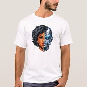 Camiseta Metade Humano Metade Rosto de Ciborgue Ficção Ci