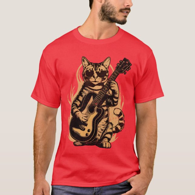 Camiseta Metal Cat Plays Acoustic Guitar Rock Cute friend (Frente)