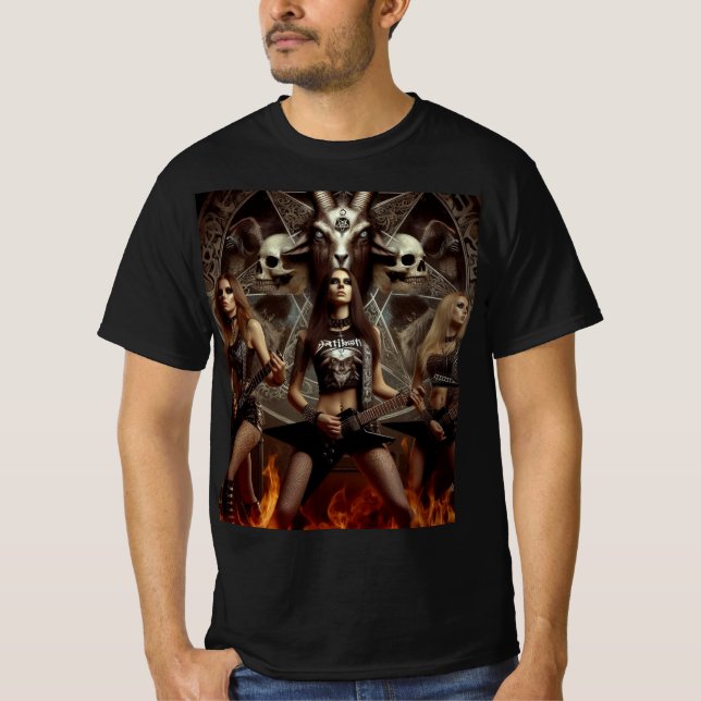 Camiseta Metaleras tocando en el infierno frente al diablo (Frente)