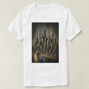 Camiseta Metrópole Dourada Skyline de Micro Mosaico 3D