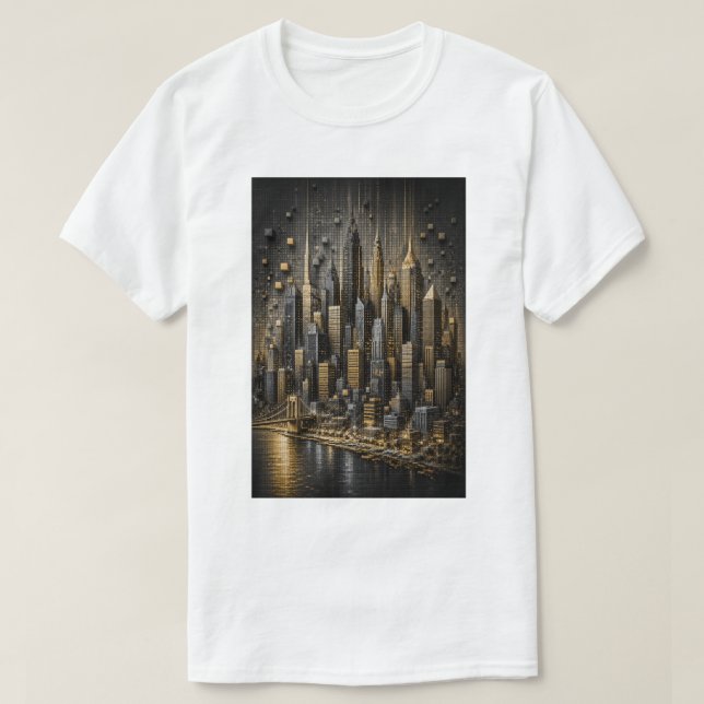 Camiseta Metrópole Dourada | Skyline de Micro Mosaico 3D (Frente do Design)