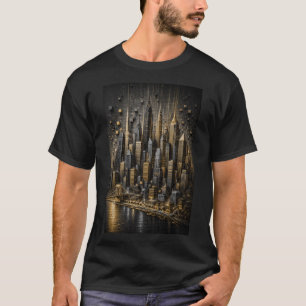 Camiseta Metrópole Dourada Skyline em Micro Mosaico 3D