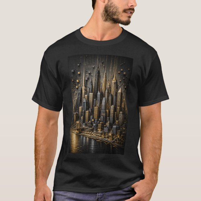 Camiseta Metrópole Dourada | Skyline em Micro Mosaico 3D (Frente)