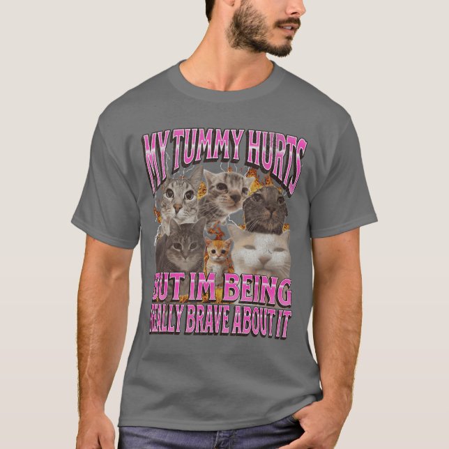 Camiseta Meu Barriguinha Dói Meme de Gato Engraçado Réplica (Frente)