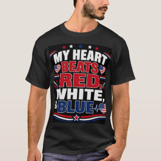 Camiseta Meu Coração Late Vermelho Branco e Azul