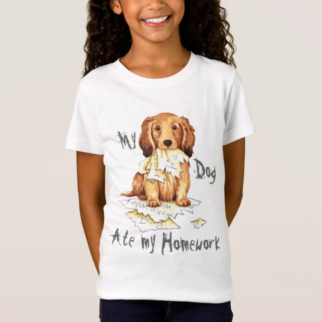 Camiseta Meu Dachshund de cabelos compridos comeu meus (Frente)