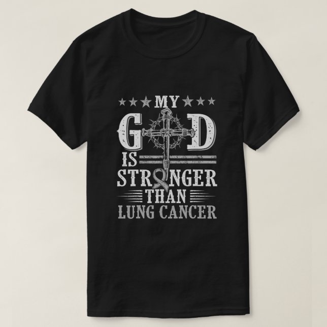 Camiseta Meu Deus É Mais Forte Que O Cancer Pulmonar, Cross (Frente do Design)