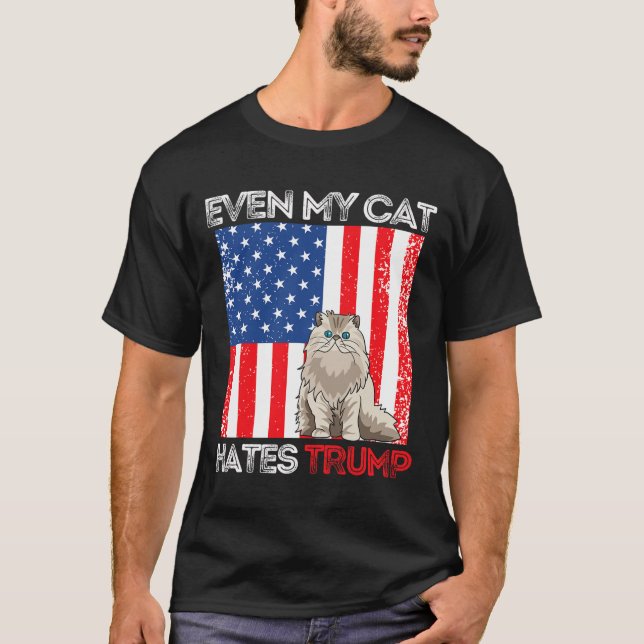 Camiseta Meu Gato Odeia Trump Contra Trump American Flag Re (Frente)