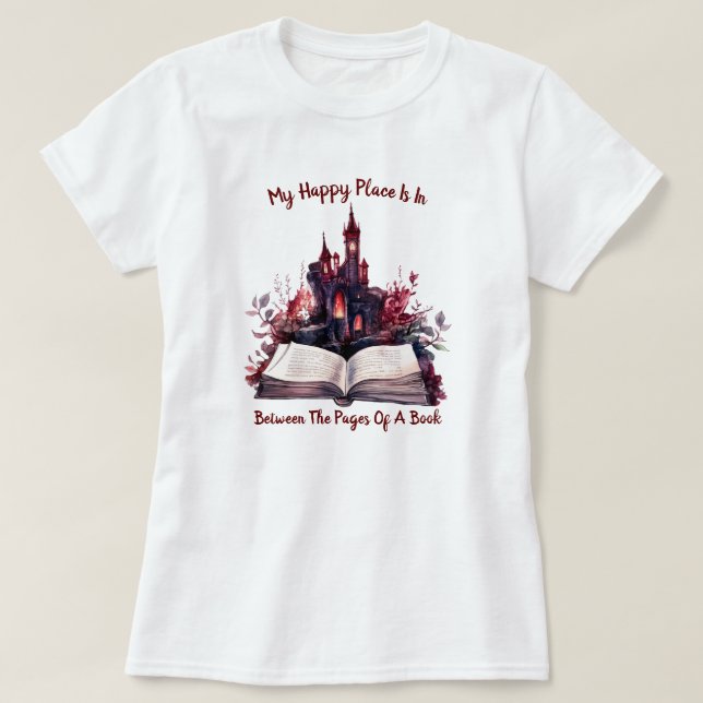Camiseta Meu Lugar Feliz É Entre As Páginas De Um Livro (Frente do Design)
