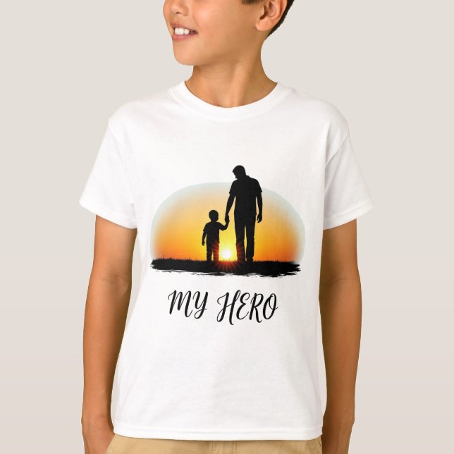 Camiseta Meu Pai Herói | Padre & Child Sunset Silhouette (Frente)