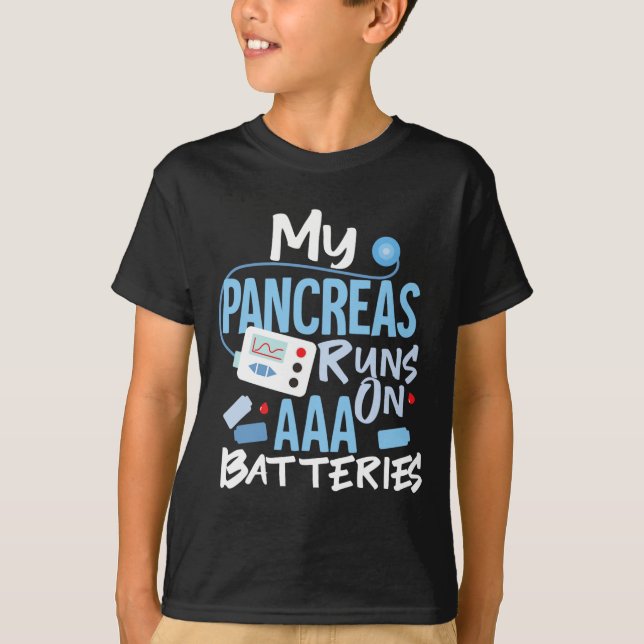Camiseta Meu Pancreino Funciona Em Baterias AAA Tipo 1 Diab (Frente)