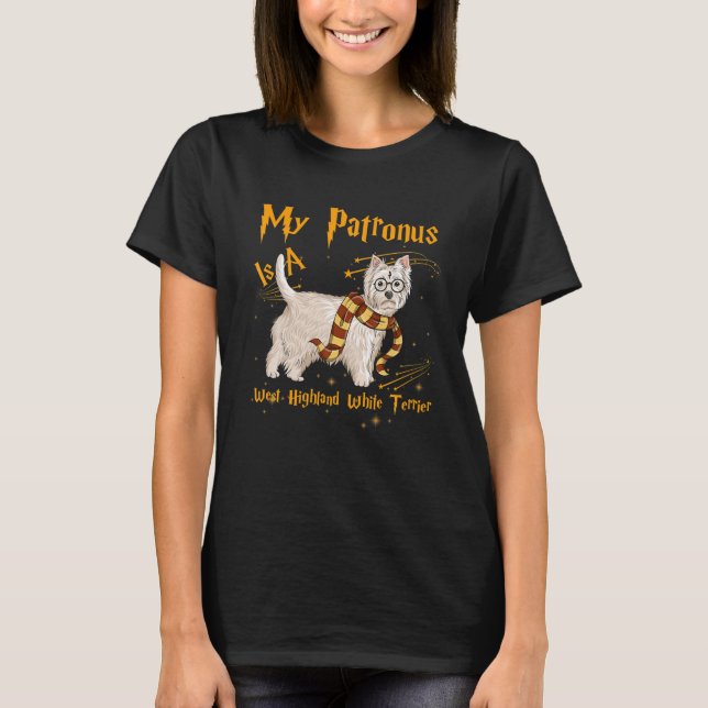 Camiseta Meu Patronus É Um Cão Branco Terrier Da Terra Oest (Frente)