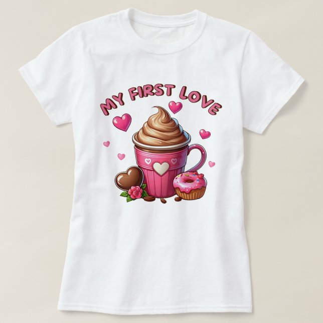 Camiseta Meu Primeiro Cupcake De Amor E Café (Frente do Design)