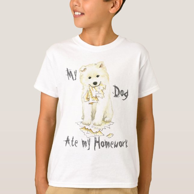 Camiseta Meu Samoyed comeu meus trabalhos de casa (Frente)
