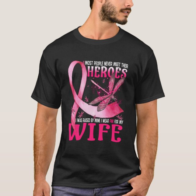 Camiseta Meus Heróis Eu Visto Rosa Para O Cancer Da Minha M (Frente)