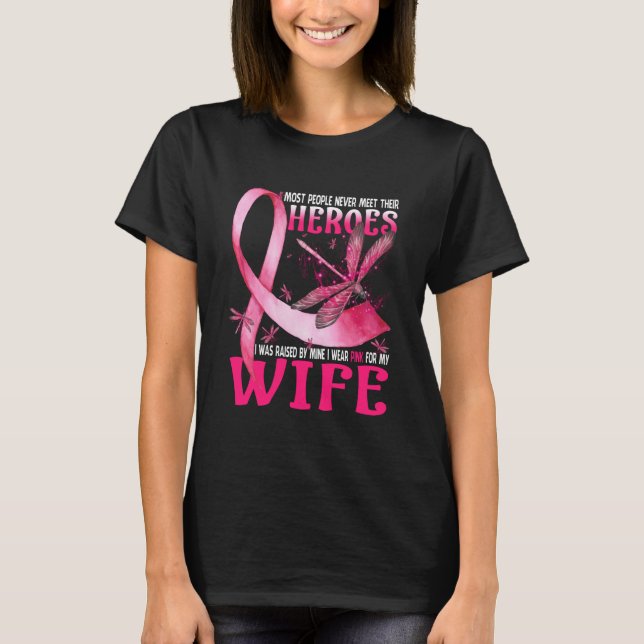 Camiseta Meus Heróis Eu Visto Rosa Para O Cancer Da Minha M (Frente)