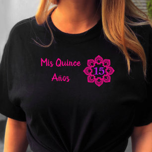 Camiseta Meus Quinze Anos Laço Rosa Flor Quinceanera Preto
