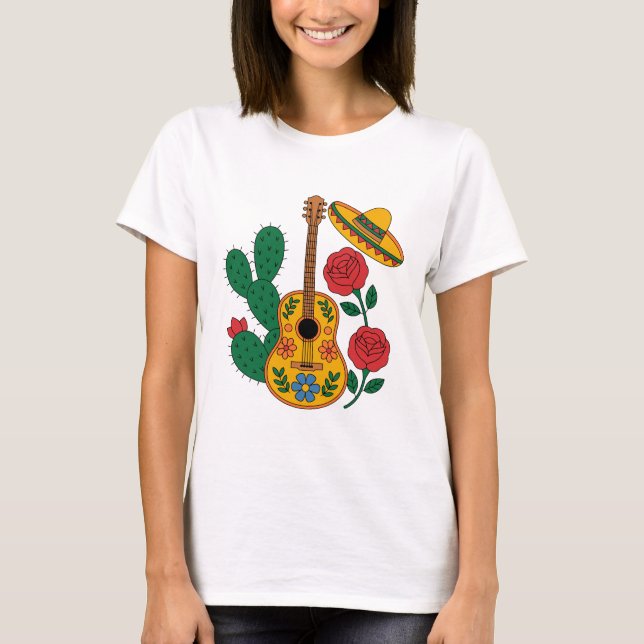 Camiseta Mexican Guitar Sombrero and Cactus Fiesta Design (Frente)