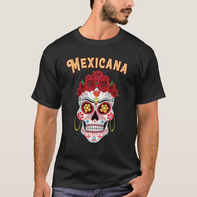 Camiseta Mexicana Proud Latina Red Roses Sugar Skull Day of (Frente)