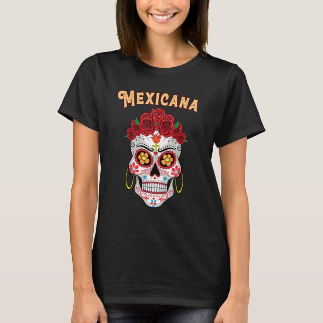 Camiseta Mexicana Proud Latina Red Roses Sugar Skull Day of (Frente)