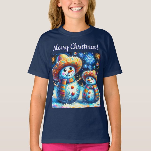 Camiseta Mexicanos de Arte Folclórica Snowman Pessoas de ne (Frente)