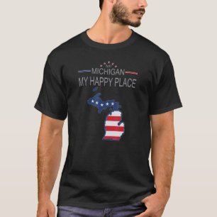 Camiseta MI Michigan Meu Lugar Feliz Mapa da Bandeira dos