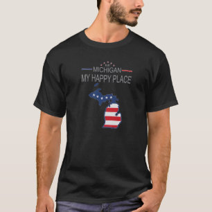 Camiseta MI Michigan Meu Lugar Feliz Mapa de Bandeira dos