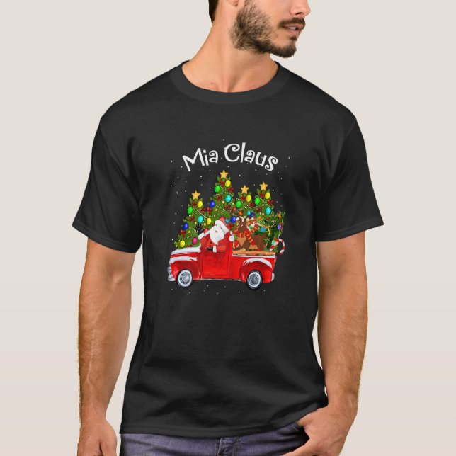 Camiseta Mia Claus Riding Car Papais noeis Pickup Reindeer  (Frente)