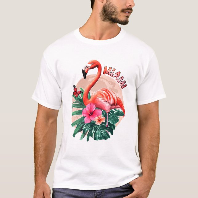 Camiseta Miami Beach Flamingo Sunset Flowers Miami (Frente)