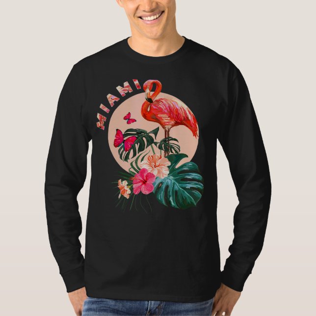 Camiseta Miami Beach Flamingo Sunset Flowers Miami (Frente)