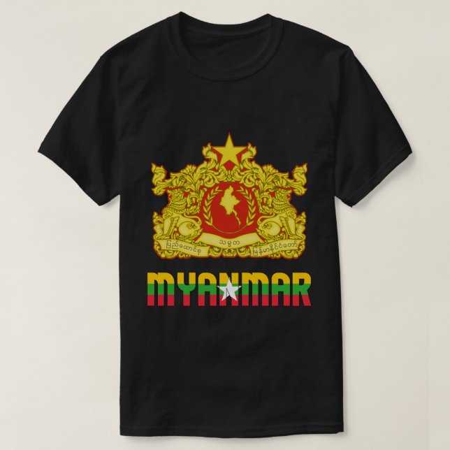 Camiseta Mianmar: Bandeira e Casaco de Armas Patriótica (Frente do Design)