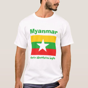 Camiseta Mianmar Sinalizador + Mapa + T-Shirt de Texto