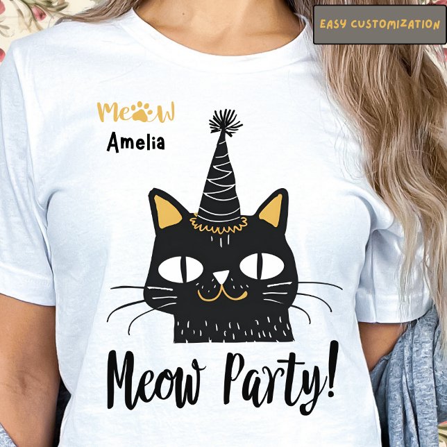 Camiseta Miau, Negra, Engraçada Festa, Gato Nato, Gato-de-A (Meow Party-Funny Black Cat Birthday-Cute Paw Meow - Easy Customization )