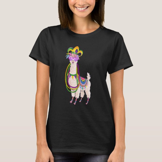 Camiseta Miçanga E Máscara Mardi Gras Llama Para Homens Mul (Frente)