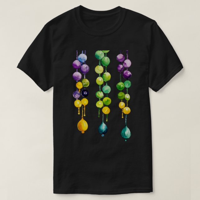 Camiseta Miçangas Mardi Gras em Dourado Verde e Roxo (Frente do Design)