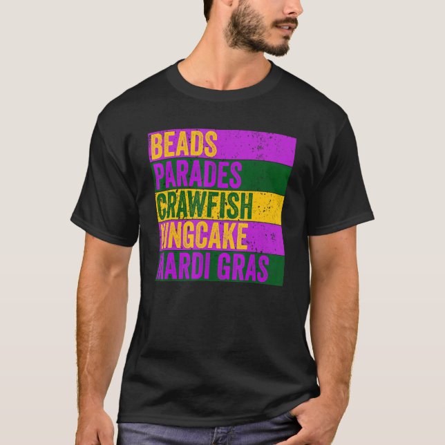 Camiseta Miçangas Paradas Crawfish Kingcake Engraçado Mardi (Frente)