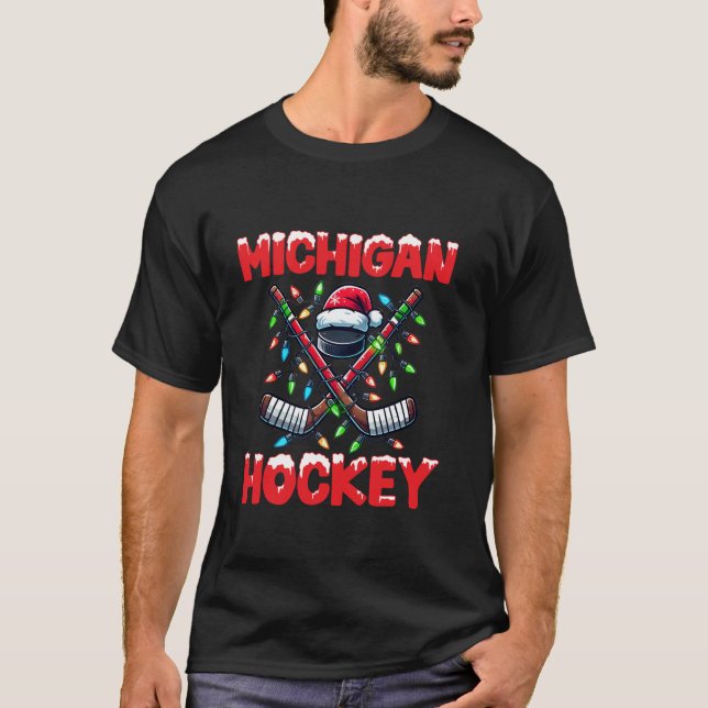 Camiseta Michigan Hockey Stick Christmas Santa Hat Lights H (Frente)