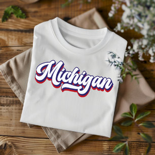 Camiseta Michigan Red White e Blue Vintage Script T-Shirt