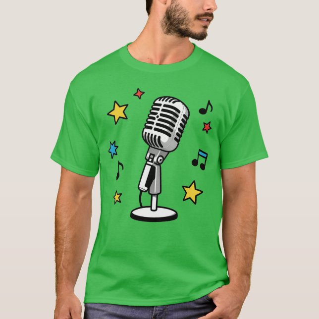 Camiseta Microfone Antigo Notas Musicais Design Retro de Ca (Frente)