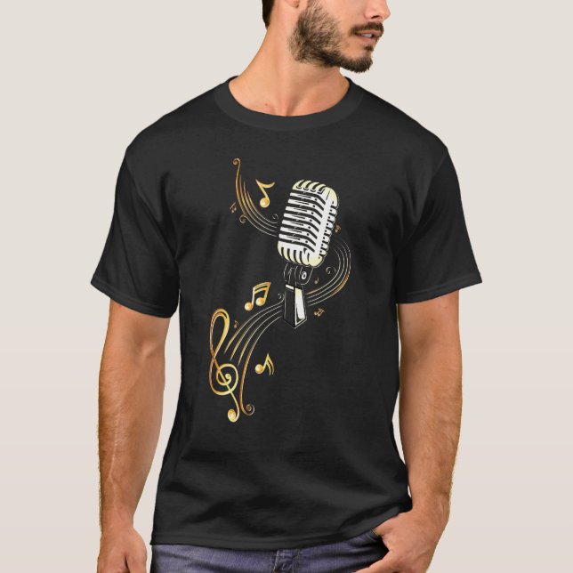 Camiseta Microfone De Música Retroativa Com Notas Musicais  (Frente)