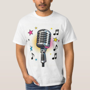 Camiseta Microfone pop com estrelas coloridas e notas music