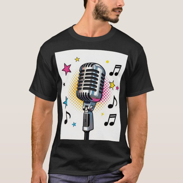 Camiseta Microfone pop com estrelas coloridas e notas music (Frente)