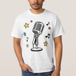 Camiseta Microfone Vintage Notas Musicais Design Retrô de C
