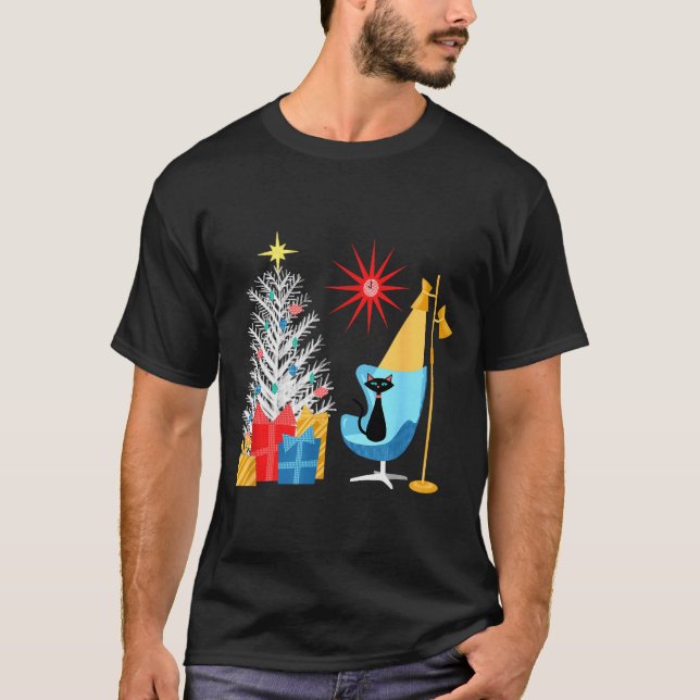 Camiseta Mid-century Modern Christmas Tree And Cat In Retro (Frente)
