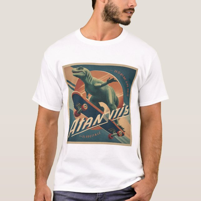 Camiseta Mid-Century Skater Dinosaur – Retro Poster (Frente)
